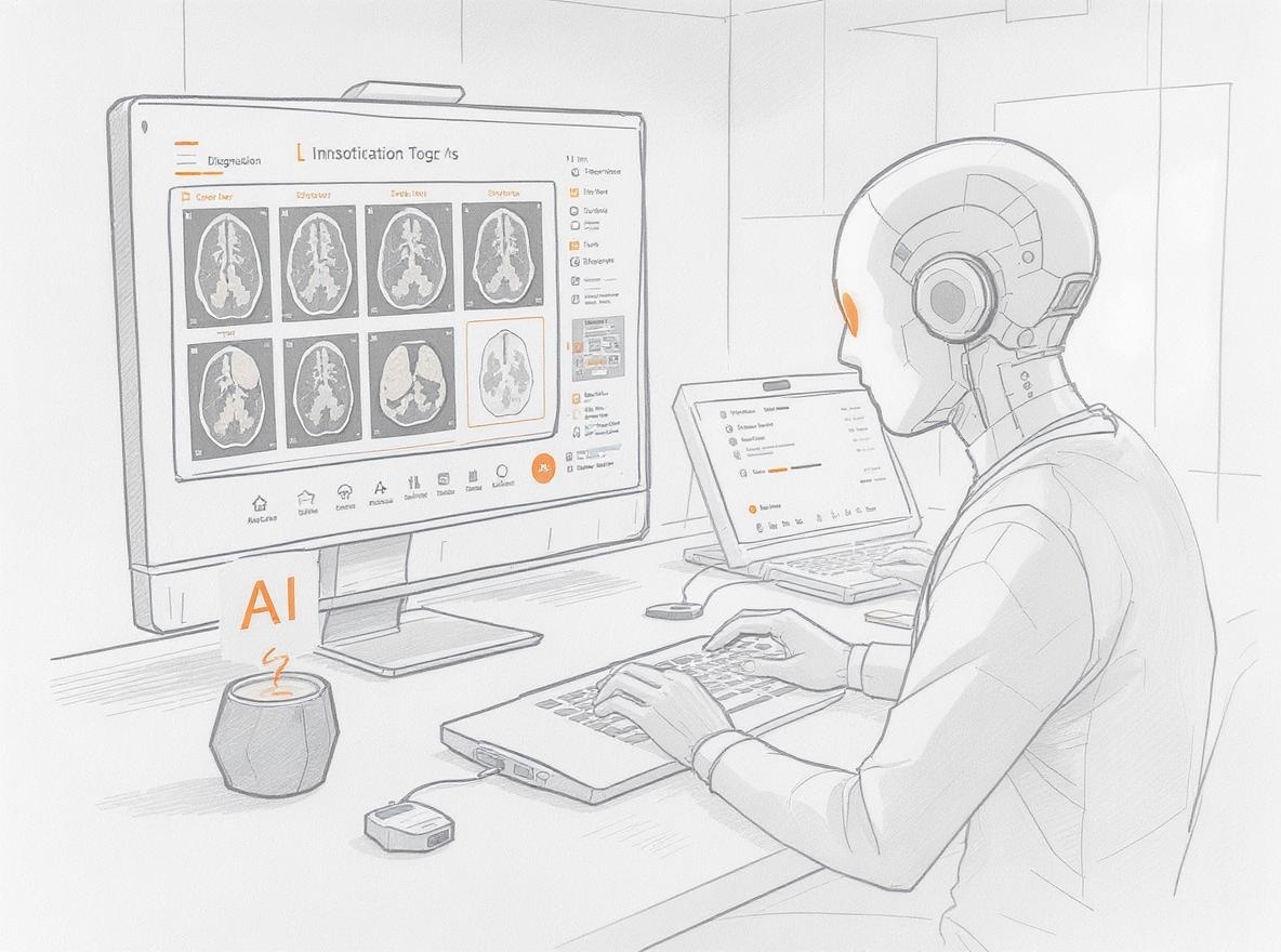 AI diagnostic tools analyzing medical scans with innovation highlighting
