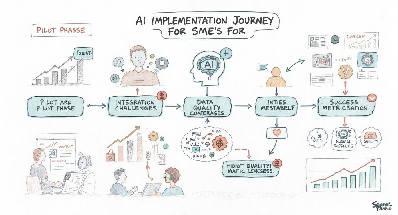 AI implementation journey diagram showing different stages from pilot to success with flowchart elements