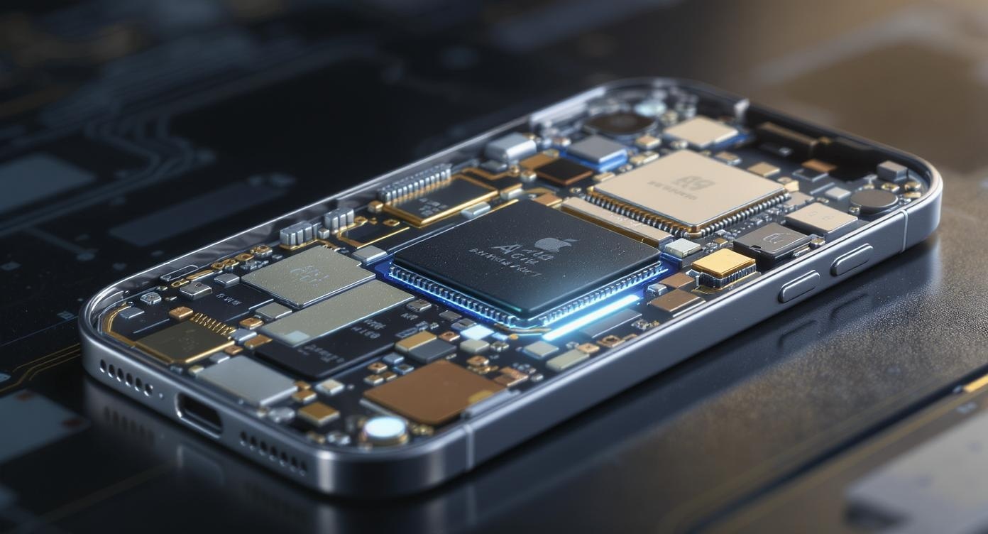 Schema tecnico cutaway dell'iPhone 17 Air che mostra componenti interni ottimizzati, batteria al silicio e chip A19