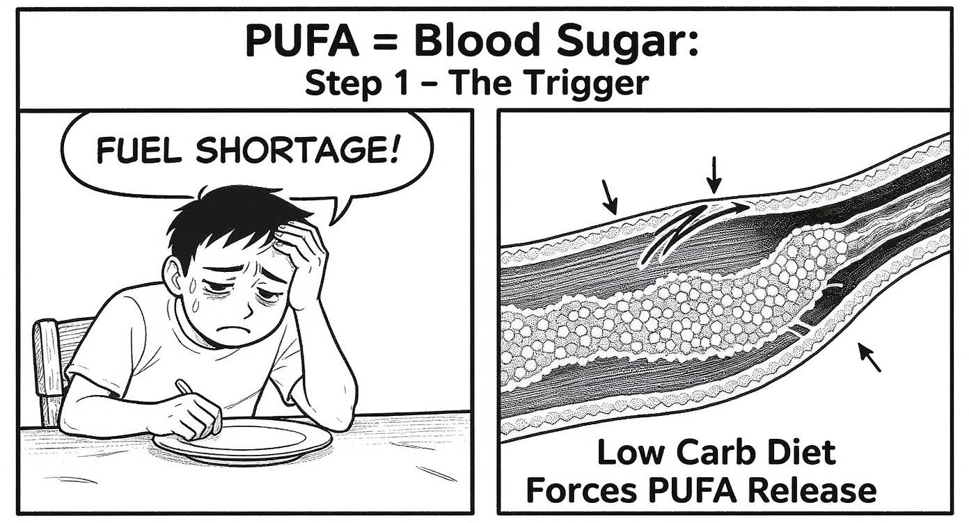 Black and white manga-style educational illustration with two panels. Title at top: 'PUFA = Blood Sugar: Step 1 - The Trigger'. Left panel: Exhausted person sitting at table with empty plate, looking pale and weak, speech bubble saying 'FUEL SHORTAGE!'. Right panel: Detailed cross-section of blood vessel and fat tissue, showing PUFA molecules (represented as small hexagonal shapes) being released from adipose tissue into bloodstream with arrows indicating direction. Bottom caption: 'Low Carb Diet Forces PUFA Release' (ensure correct spelling 'Forces' not 'Furces'). Bold black lines, clean white background, educational medical illustration style. Carefully compose to avoid edge cutoffs.