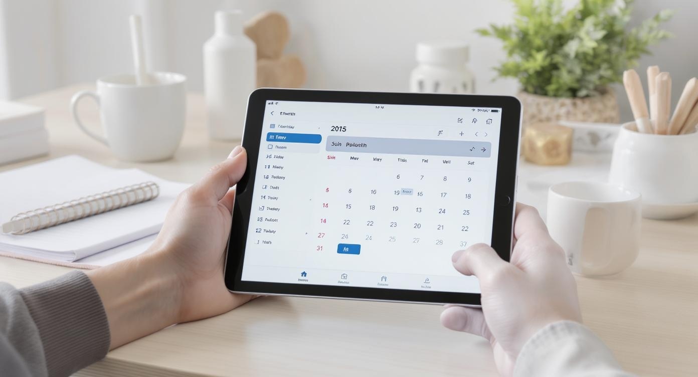 Healthcare professional using appointment booking system on tablet in modern clinic environment