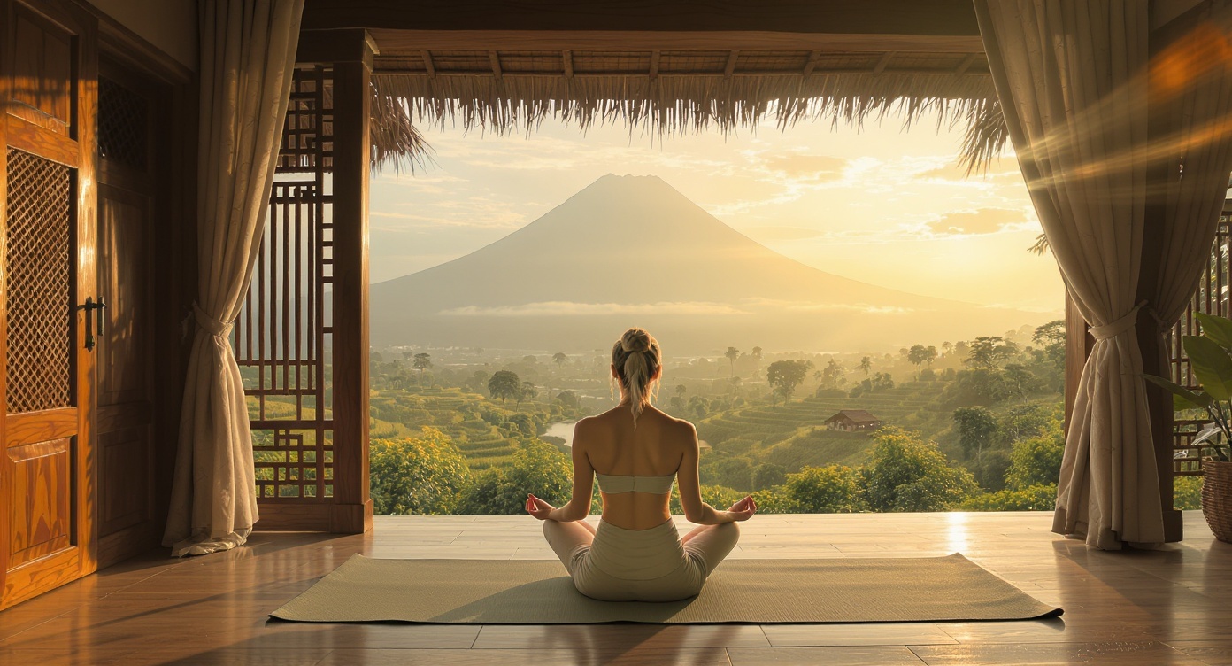 Méditation matinale face au mont Agung sacré à Bali
