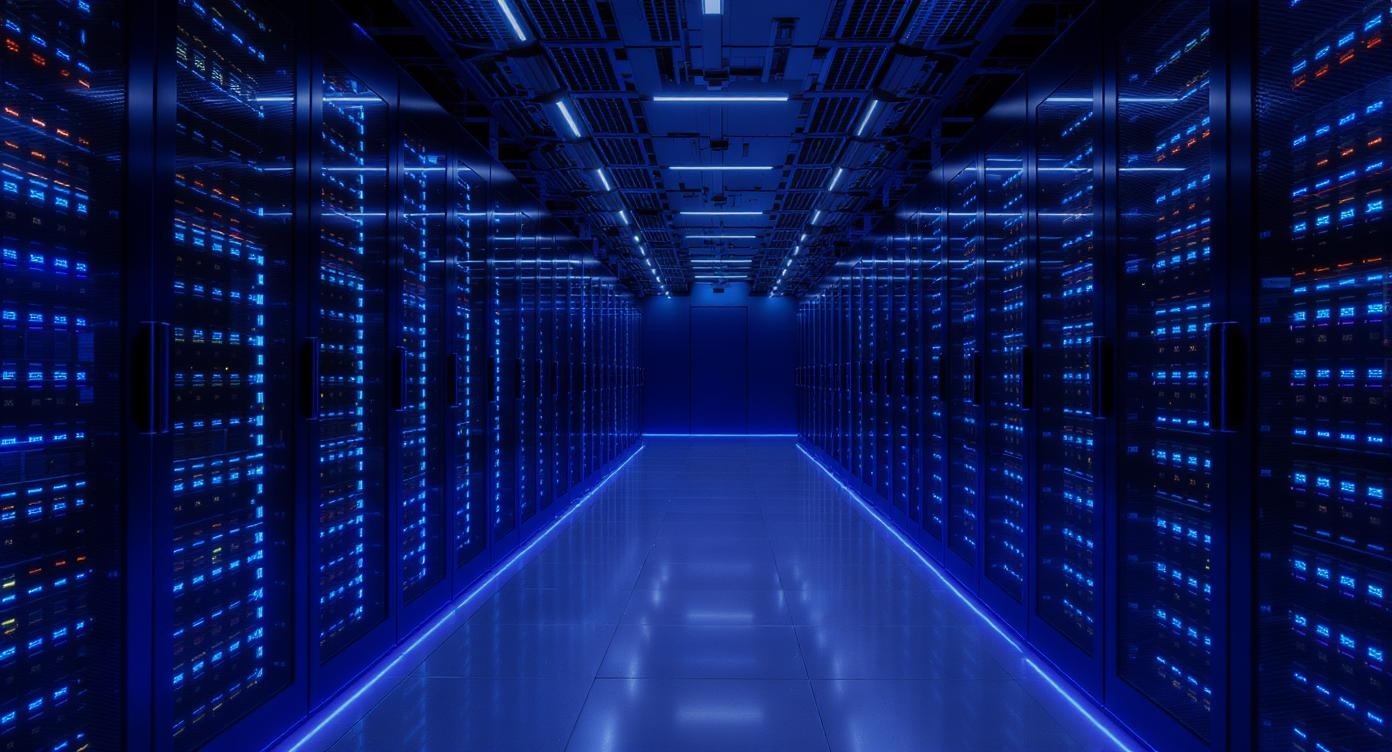 Data center moderno con architettura MCP e server interconnessi per intelligenza artificiale