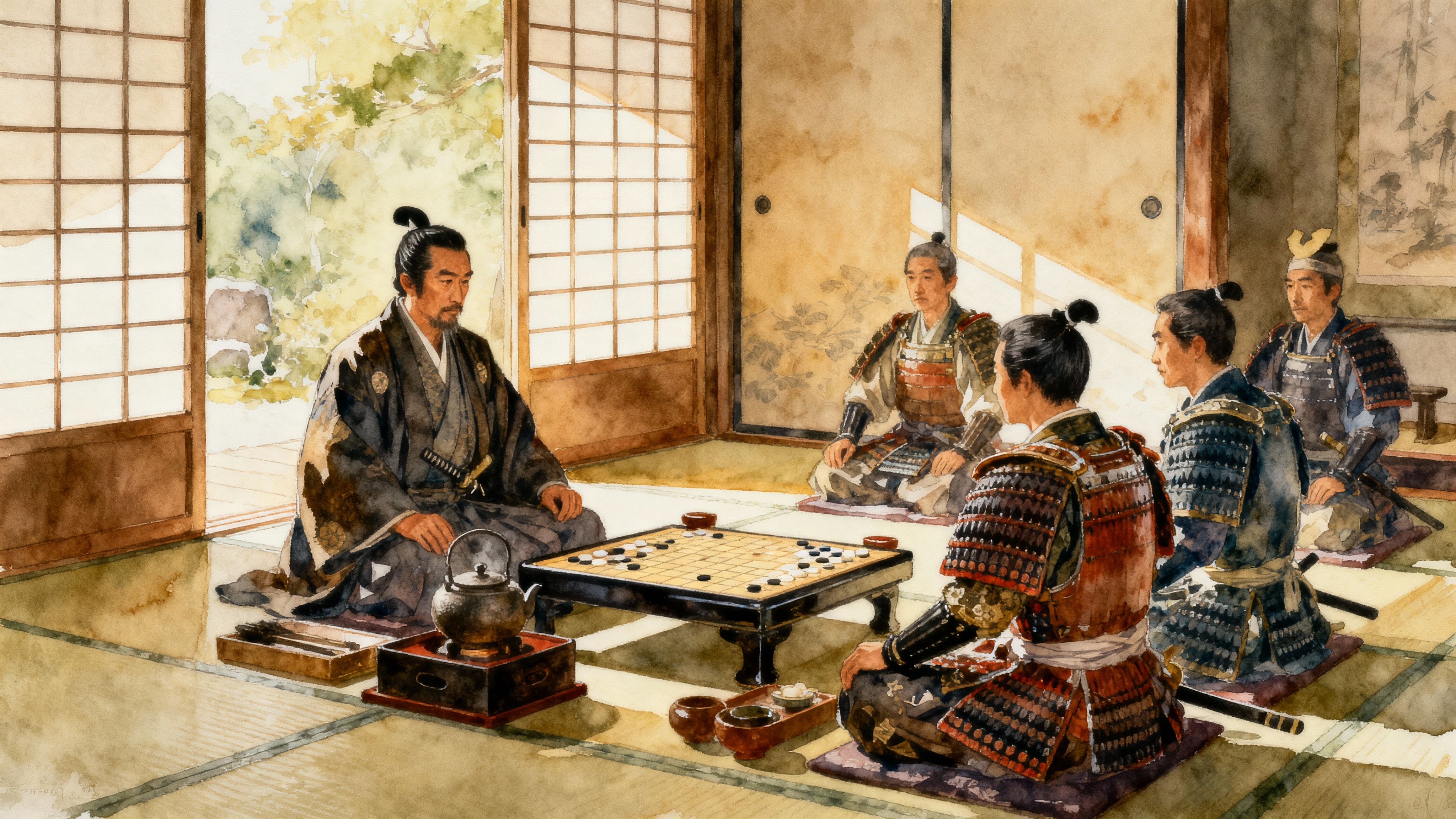 織田信長の茶会での政治的交渉（水彩画風イラスト）