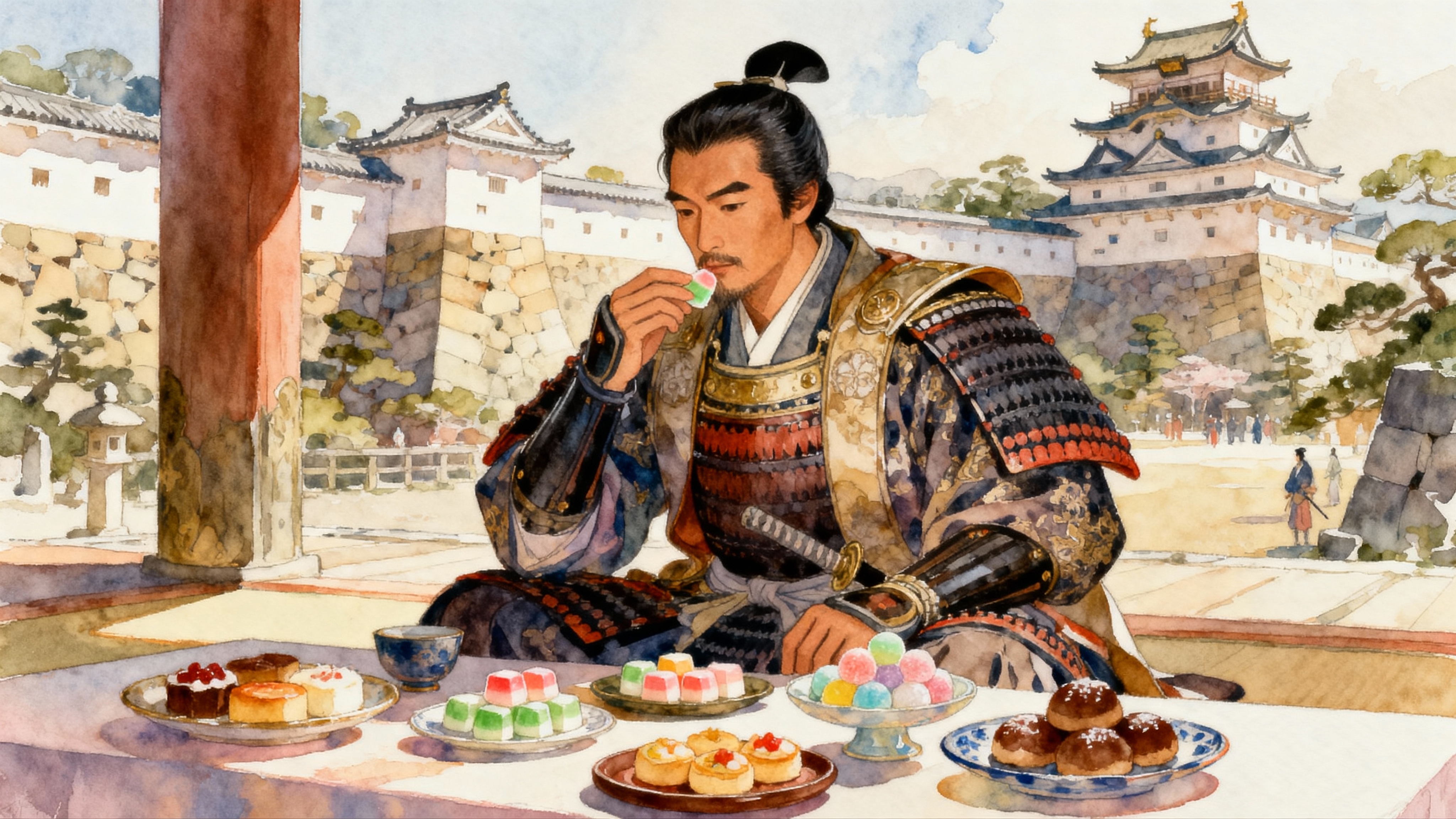 織田信長が南蛮菓子を楽しむ様子（水彩画風イラスト）