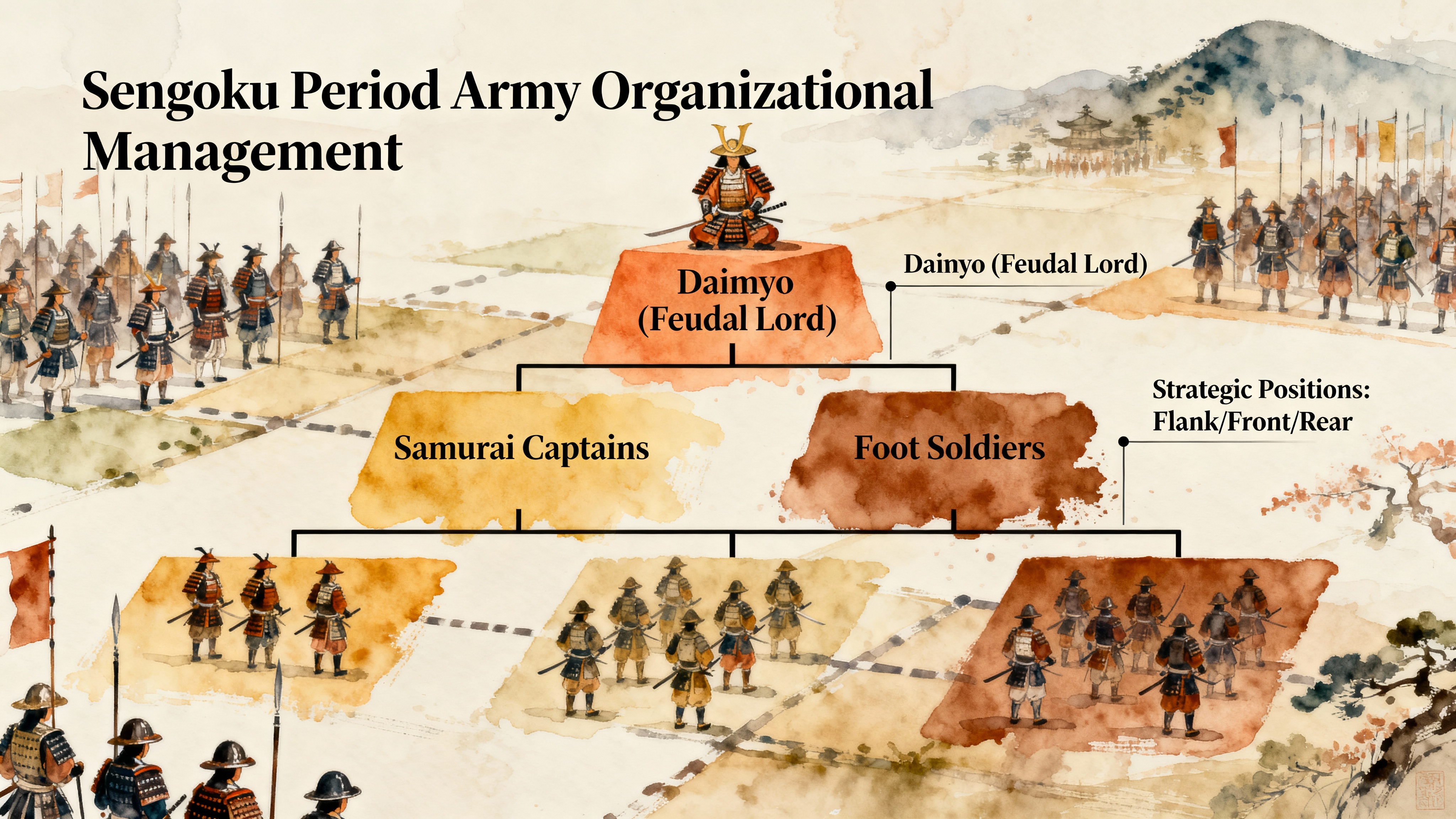 戦国時代の組織マネジメント構造（水彩画風イラスト）