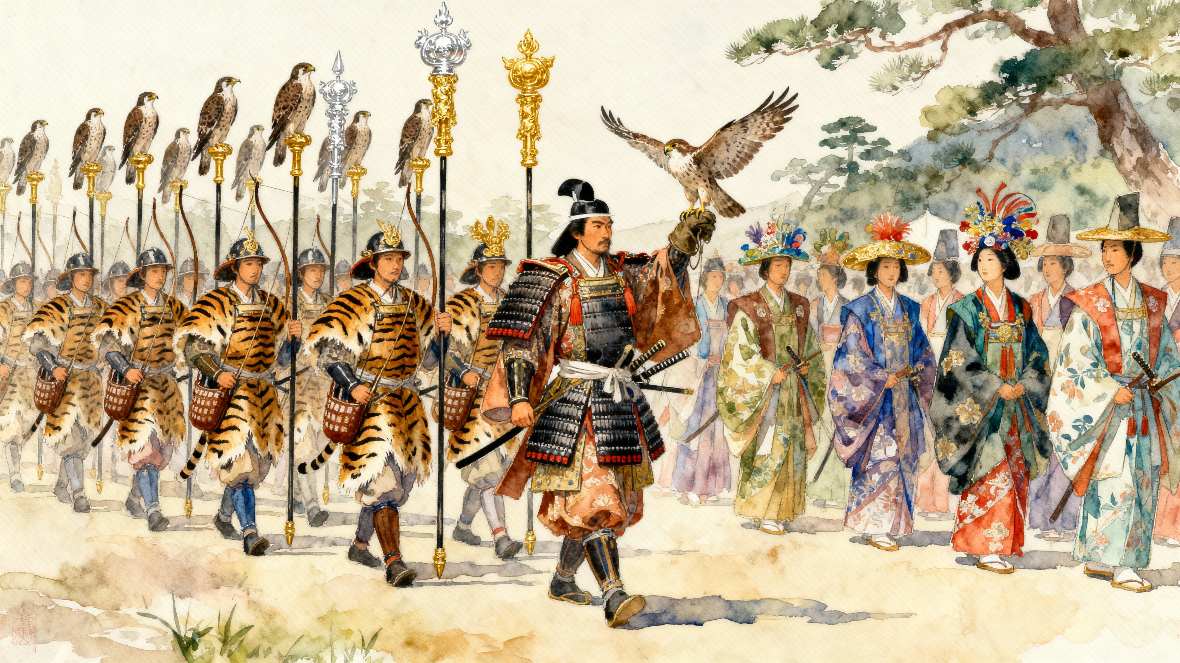 織田信長の豪華な鷹狩り行列（水彩画風イラスト）