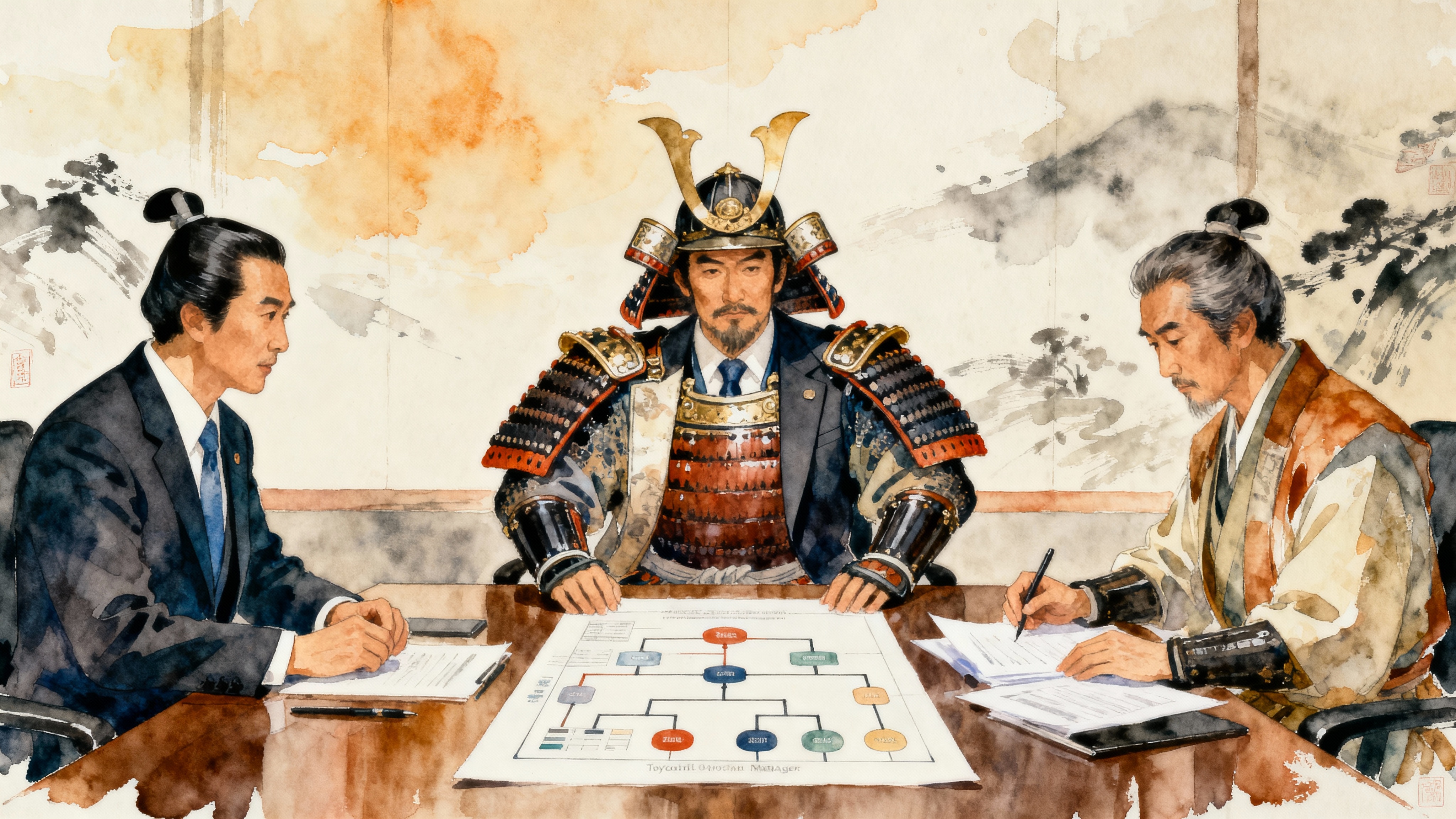 戦国武将TOP3のマネジメントイメージ（水彩画風イラスト）
