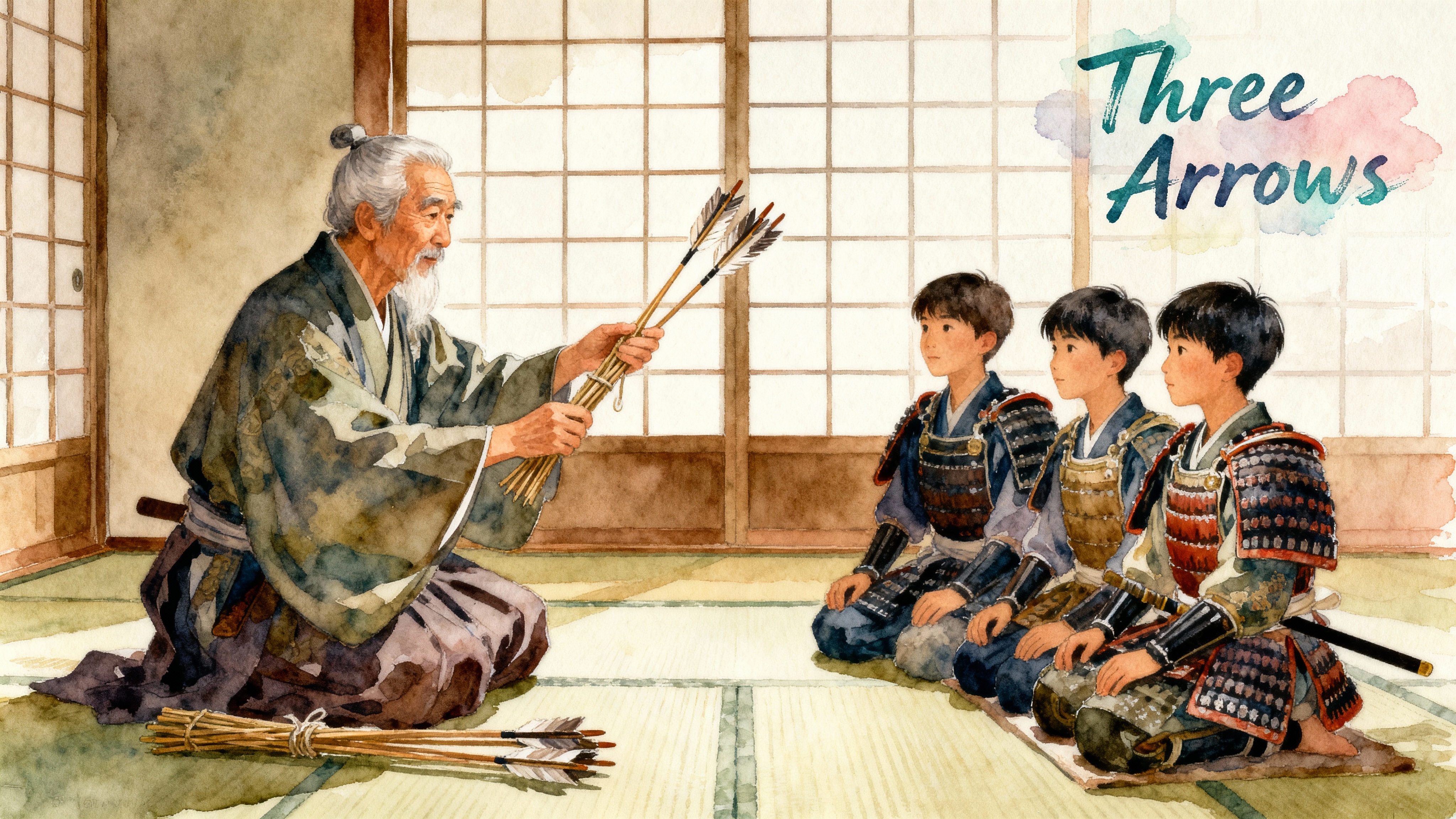 毛利元就の三本の矢の教え（水彩画風イラスト）