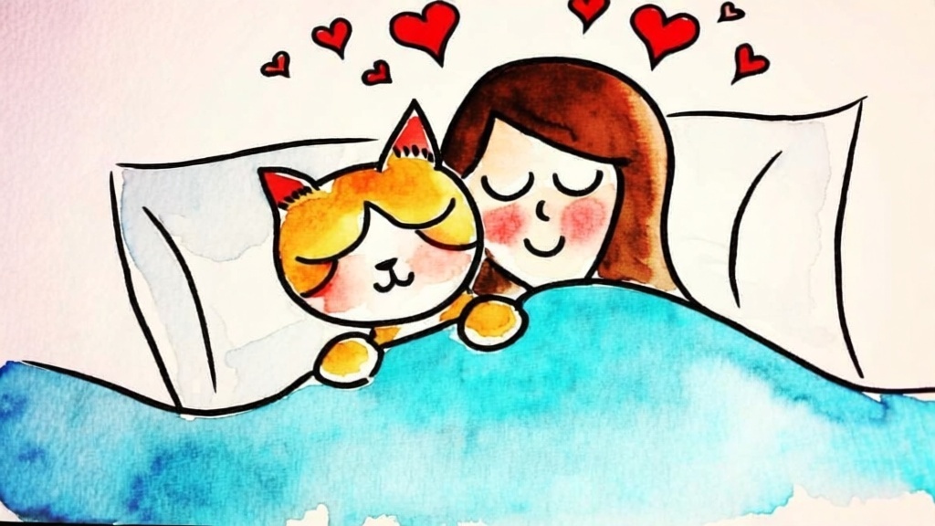 猫と飼い主の幸せな関係を表現した水彩画イラスト