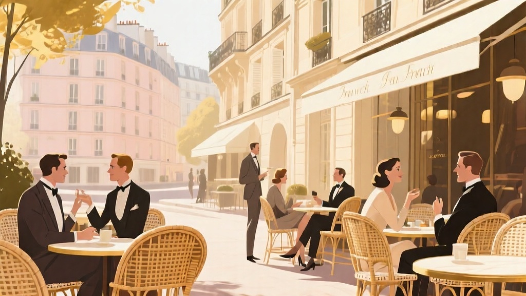 Terrasse de café parisien au petit matin avec chaises traditionnelles
