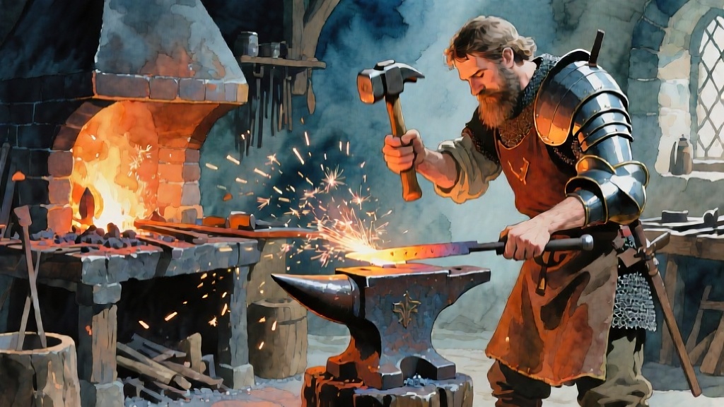 中世の鍛冶屋での甲冑製作風景