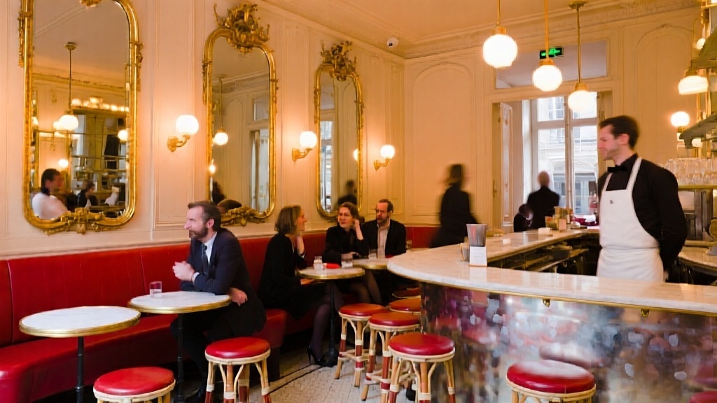 Terrasse parisienne animée avec serveur traditionnel