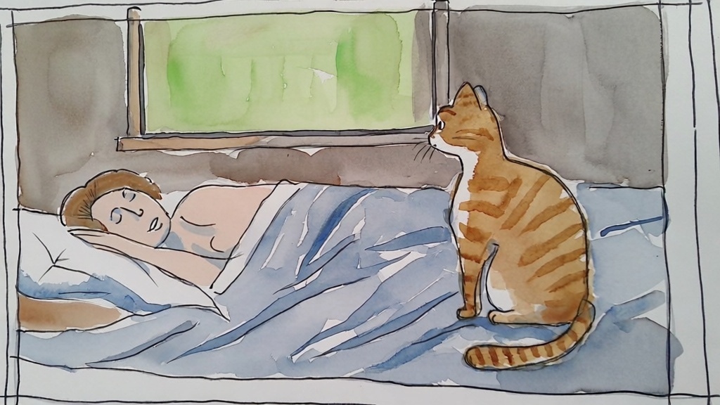 夜明け前に飼い主を起こしに来る猫の水彩画イラスト
