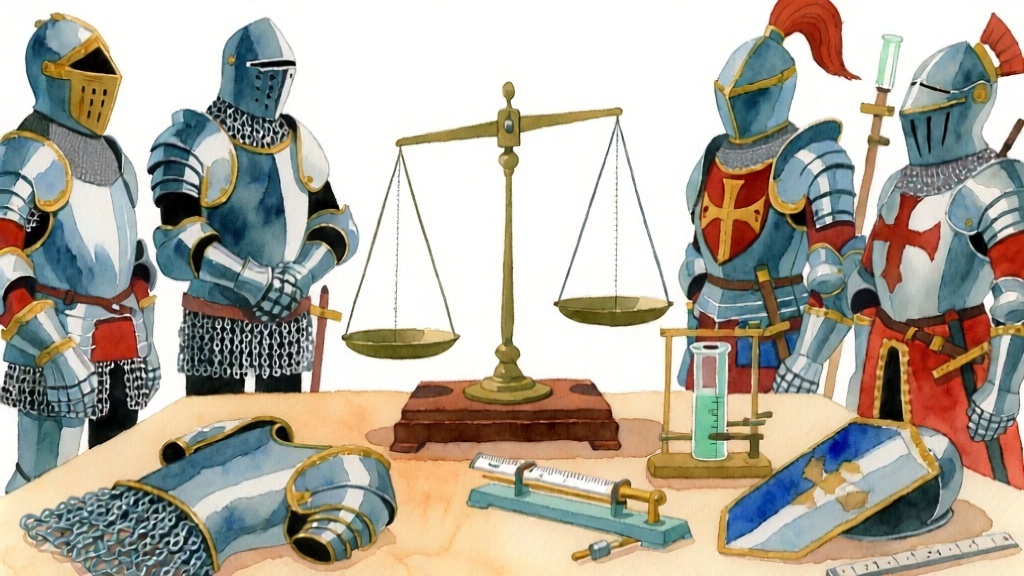 鎧の重量測定と科学的分析を表現した画像