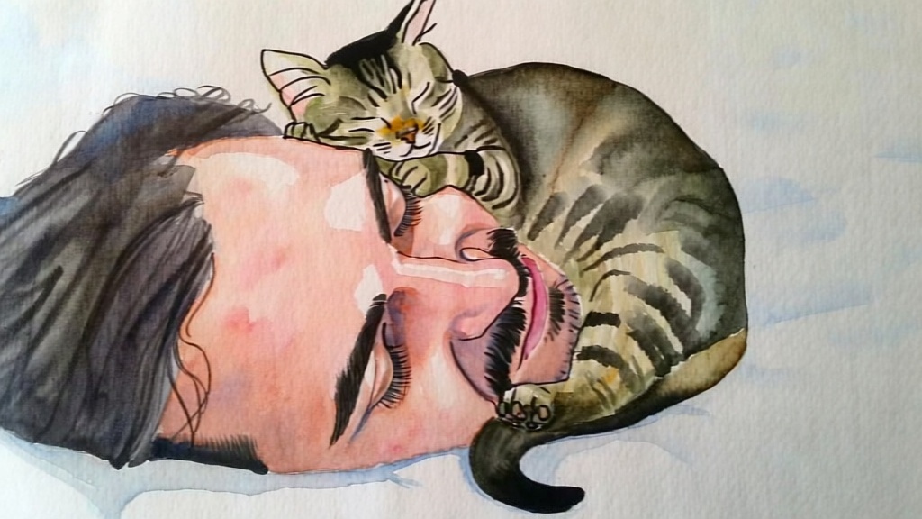 飼い主の顔の上で安心して眠る猫の水彩画イラスト