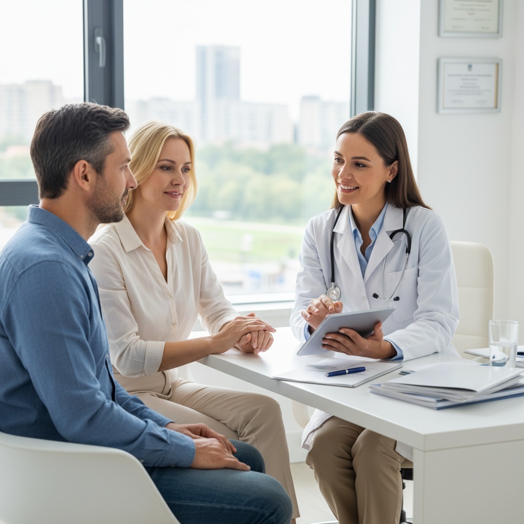 An image depicting a medical consultation between a doctor and a patient, capturing the essence of professional healthcare and interaction. This should convey a sense of care, expertise, and trust in a clinical setting.