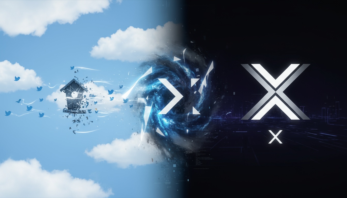 The transition from Twitter to X depicted in a 16:9 aspect ratio. Capture the essence of transformation, representing the change from the iconic Twitter elements to the new branding of X.