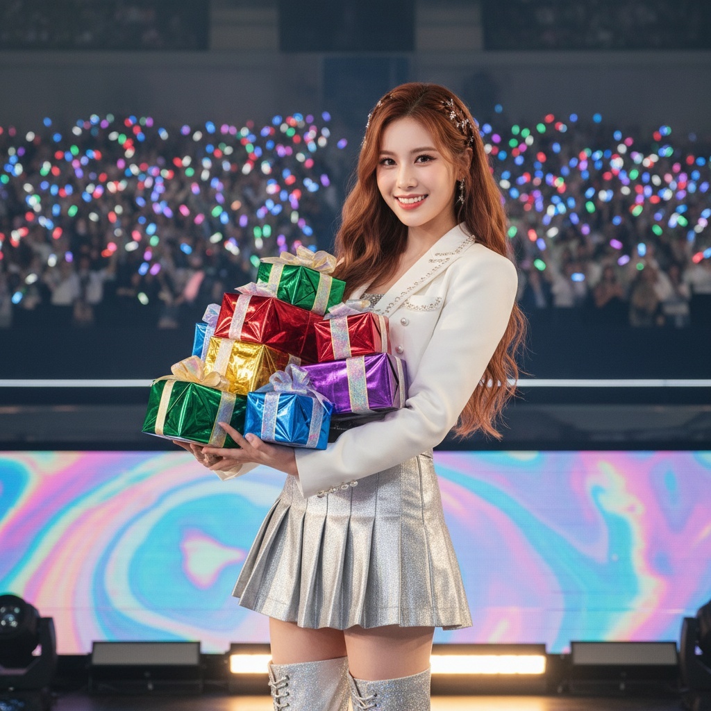 A photorealistic image of an idol making direct eye contact with the camera, holding colorful gifts while smiling warmly at fans. The scene is captured in ultra-high definition, 8k resolution, with perfect lighting enhancing every detail. The idol's outfit and hairstyle are meticulously crafted to be fashionable and attractive, while the colorful gifts add a joyful and festive touch. The realistic background is carefully composed using the rule of thirds, ensuring a balanced and harmonious presentation. Subtle light and shadow effects create a sense of depth and dimension, emphasizing the idol's friendly and inviting expression, making the viewer feel a personal connection.