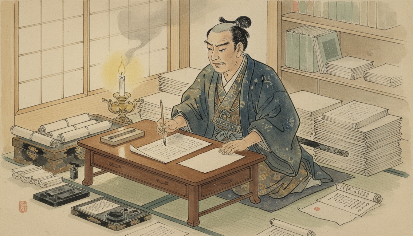 手紙を書く豊臣秀吉の水彩画風イラスト