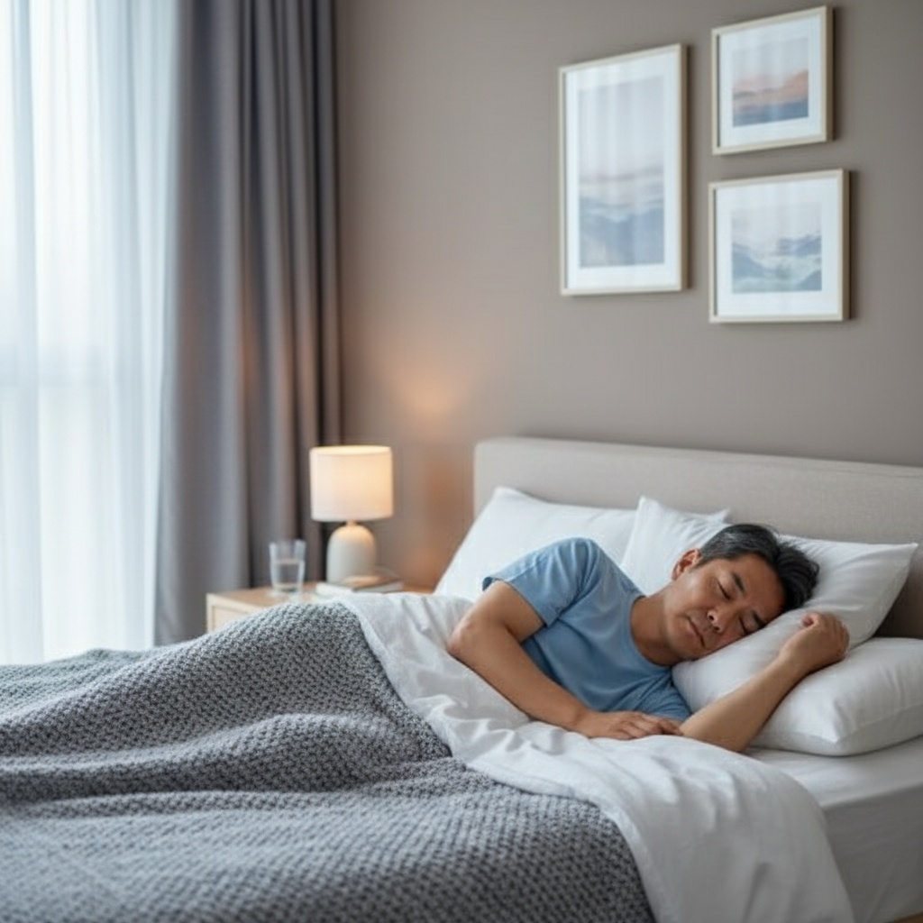 A middle-aged Asian man with dark hair graying at the temples, wearing a dark suit with a light blue shirt, lying in bed under the covers, sleeping. The setting should be calm and peaceful, depicting a bedroom atmosphere, capturing a serene and restful scene.