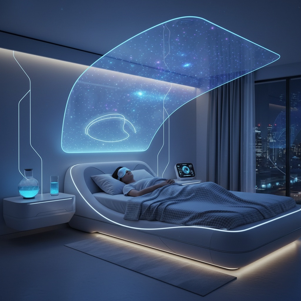 an image representing the concept of sleep technology, incorporating elements like futuristic gadgets or devices designed to improve sleep quality and ensure a restful night. This should convey a sense of innovation and relaxation.