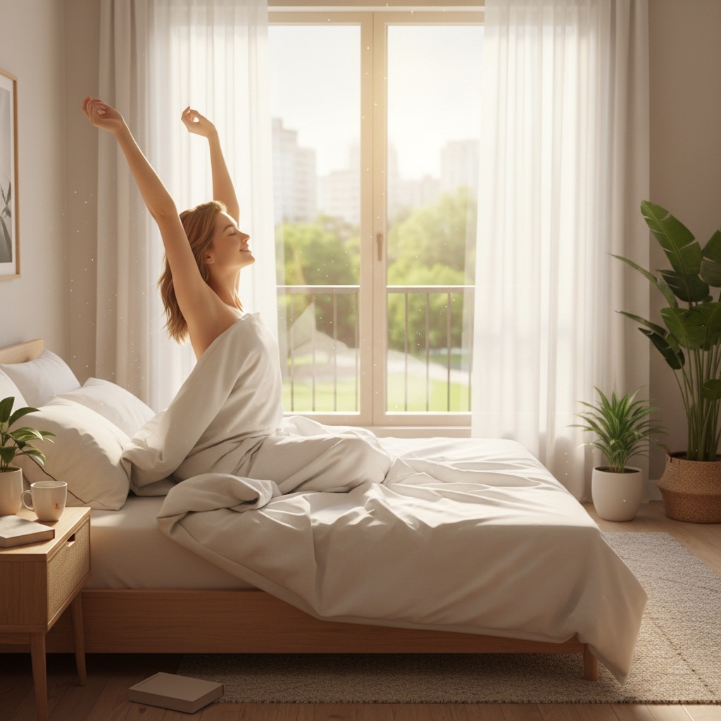 A person waking up feeling refreshed while bathing in morning sunlight. The image should capture the essence of an energetic start to the day, with warm sunlight streaming through a window, symbolizing a positive morning atmosphere.