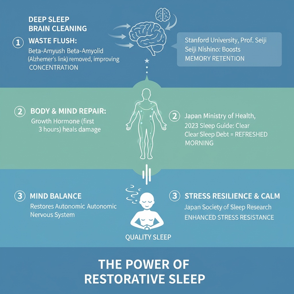 An infographic or graph representing the quality of sleep, illustrating key points such as: 1. The flushing of waste from the brain during deep sleep, specifically mentioning beta-amyloid, a protein linked to Alzheimer's, and its impact on improving concentration. Reference Stanford University's research by Professor Seiji Nishino on how high-quality sleep promotes memory retention. 2. The body's repair of physical and mental damage during sleep through growth hormone secretion, most active in the first three hours of deep sleep, as per Japan's Ministry of Health's 2023 Sleep Guide. Mention that clearing sleep debt can lead to a refreshed morning. 3. Enhancing stress resistance and calming the mind by restoring autonomic nervous system balance with quality sleep, as reported by the Japan Society of Sleep research. Highlight these truths visually to convey their importance.
