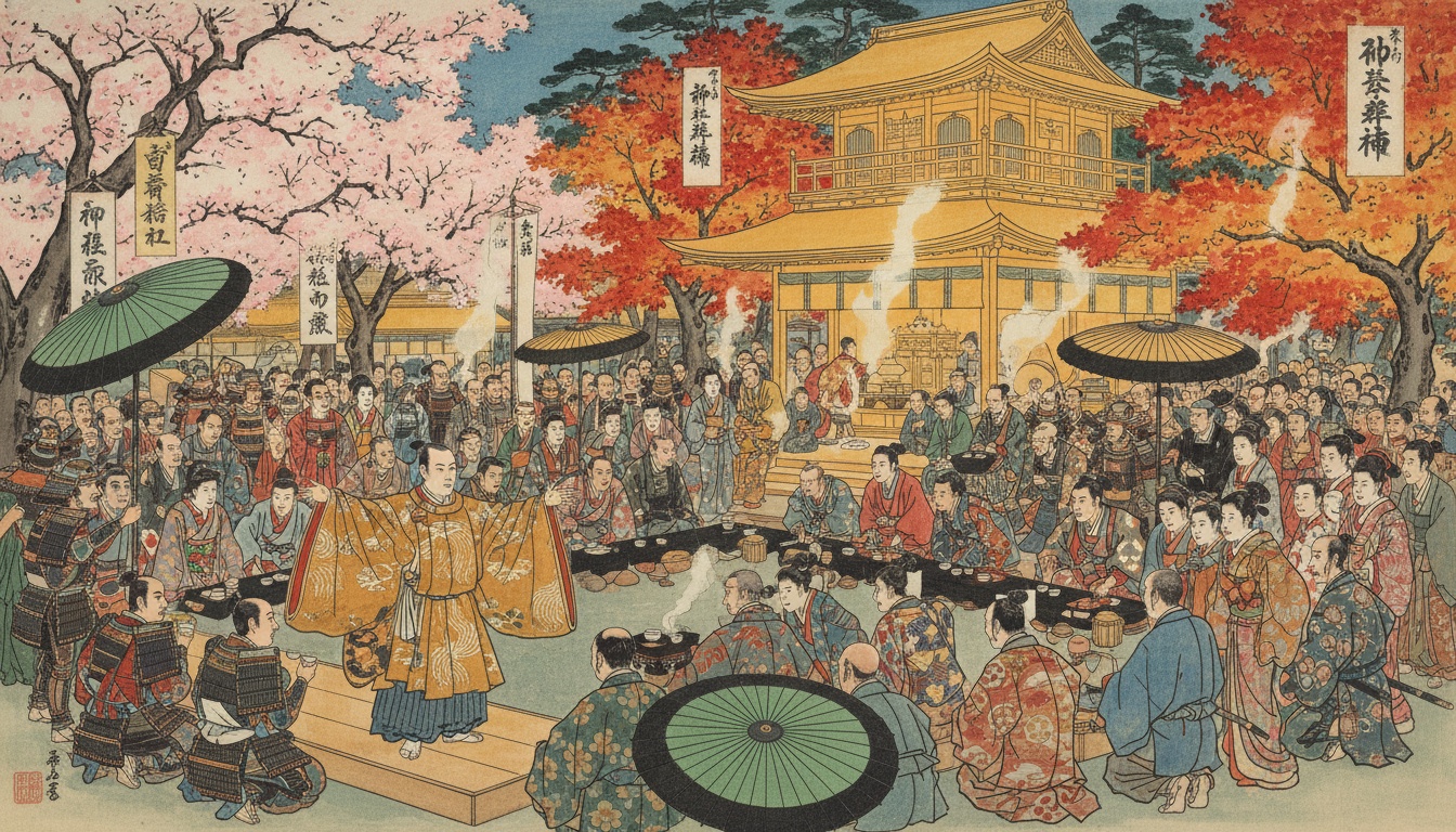 北野大茶湯と黄金の茶室の水彩画風イラスト