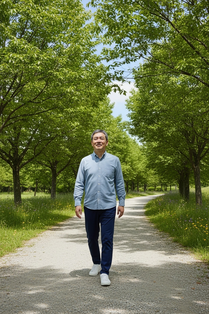 A middle-aged man with gray hair in a light blue button-up shirt walking on a footpath. The scenery should depict a green, serene environment with trees and a clear sky, suggesting a pleasant day for a walk. The man should appear healthy and relaxed, engaging in a leisurely walking exercise.