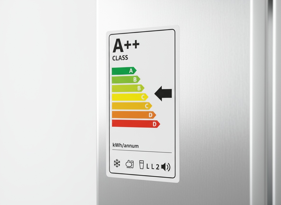 Etichetta energetica ad alta classe su elettrodomestico moderno Etichetta energetica ad alta classe su elettrodomestico moderno