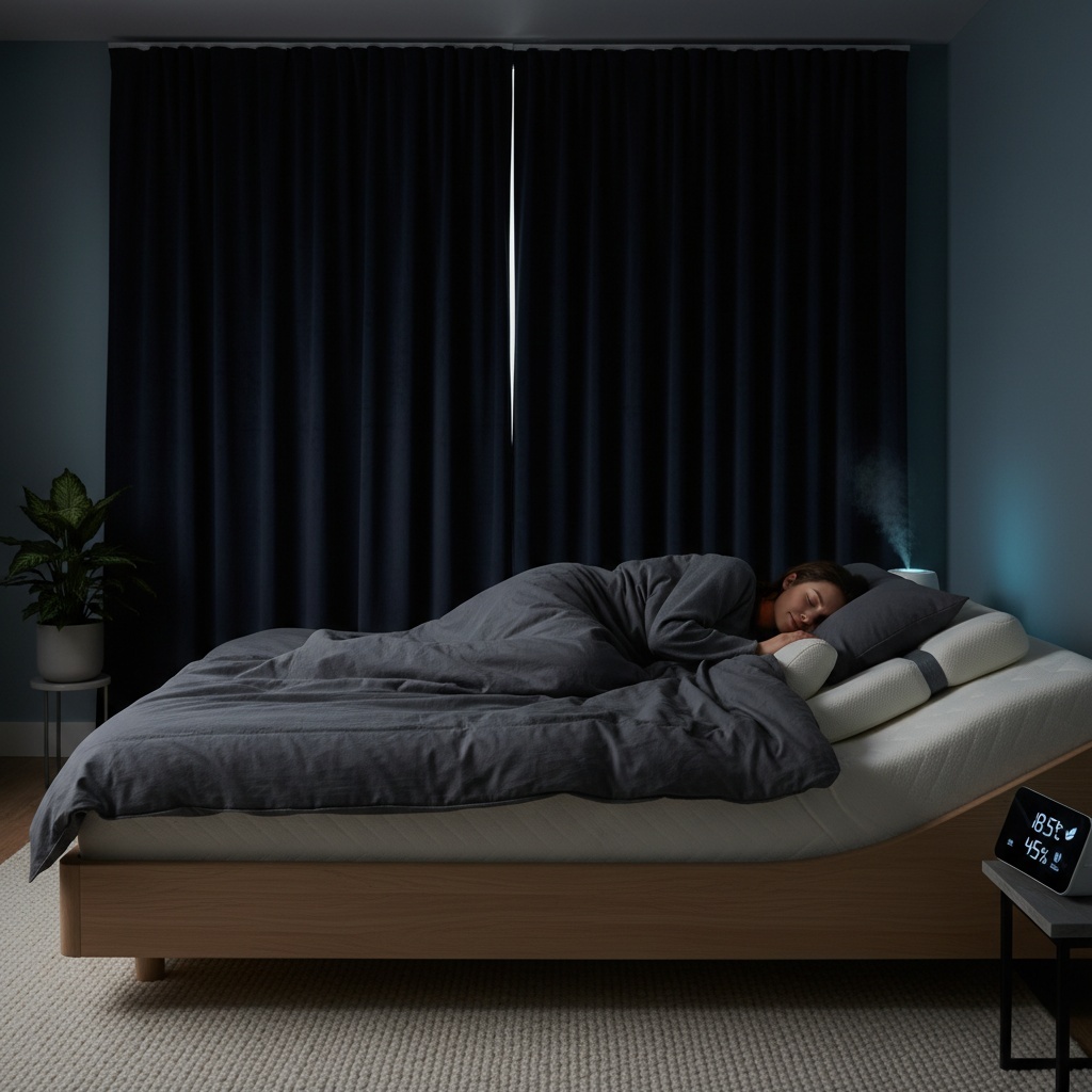 A photograph of a person sleeping comfortably in a bedroom designed according to ideal conditions, featuring optimized temperature control between 16-20°C, humidity levels of 40-60%, complete darkness for light management, and ergonomic bedding. The room should convey a sense of tranquility and comfort, ensuring a restful sleep.