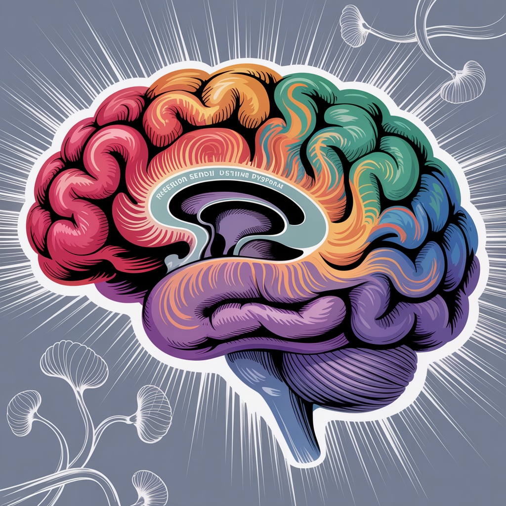 Brain illustration showing emotional patterns of RSD with swirling colors representing neurological sensitivity