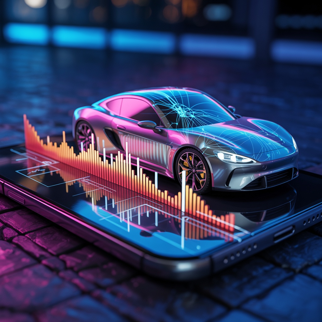 AI-powered car insurance rate prediction apps showing smartphone interfaces with neural network brain circuits overlaid on car silhouettes and predictive analytics