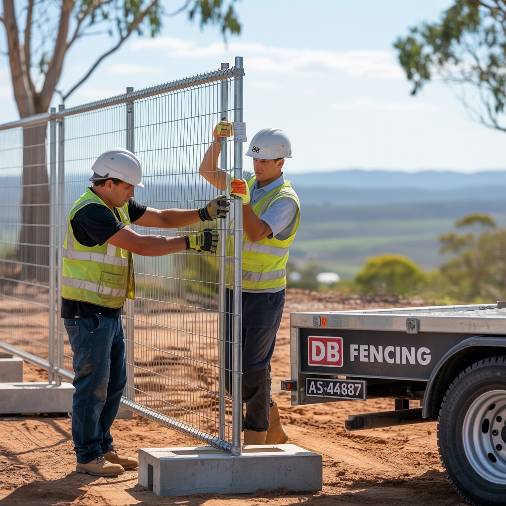 Professional Australian construction site with temporary fencing installation showing AS4687 compliant welded mesh panels, concrete feet bases, and modern gate systems