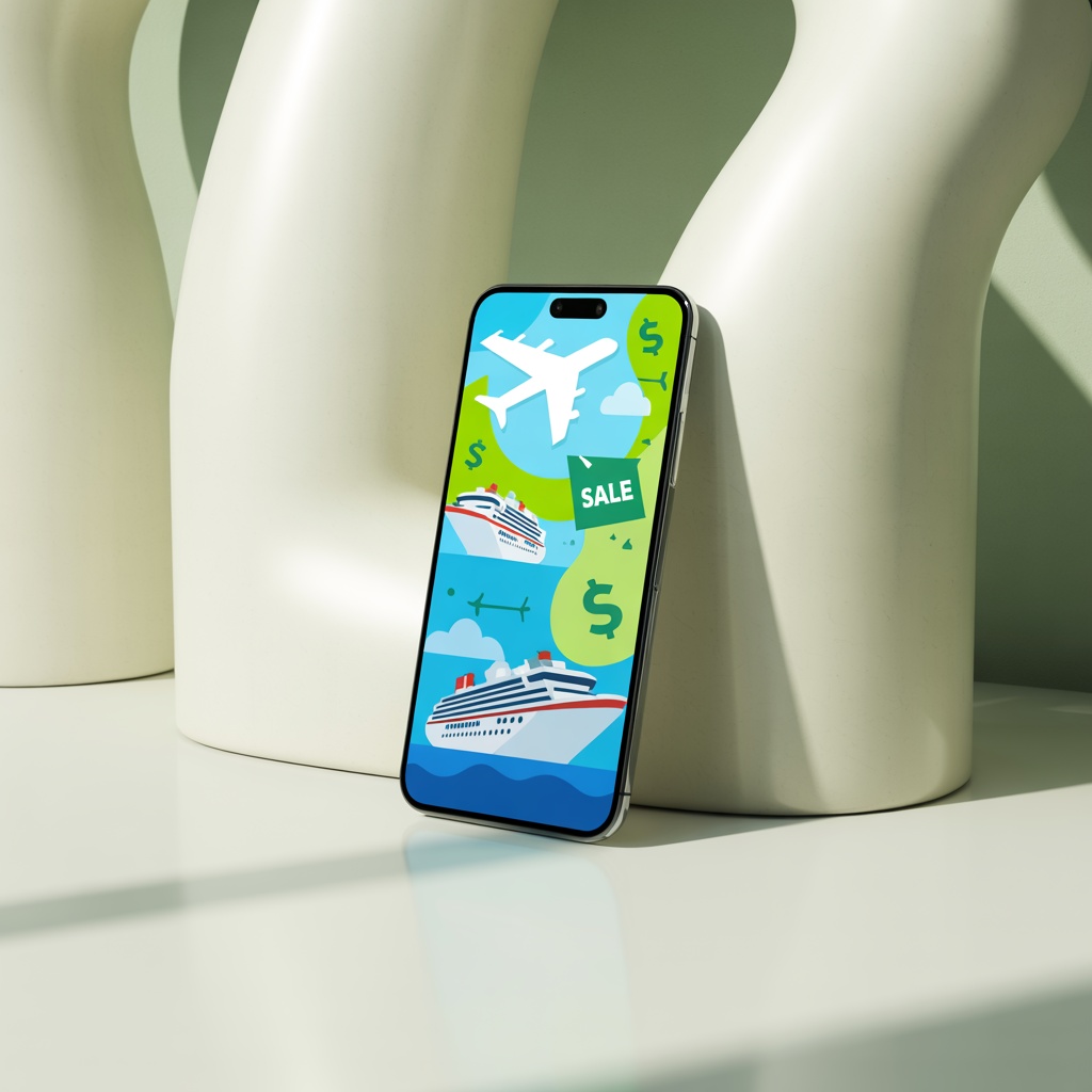Best cruise and flight booking apps showing money savings deals and discount percentages on smartphone screen