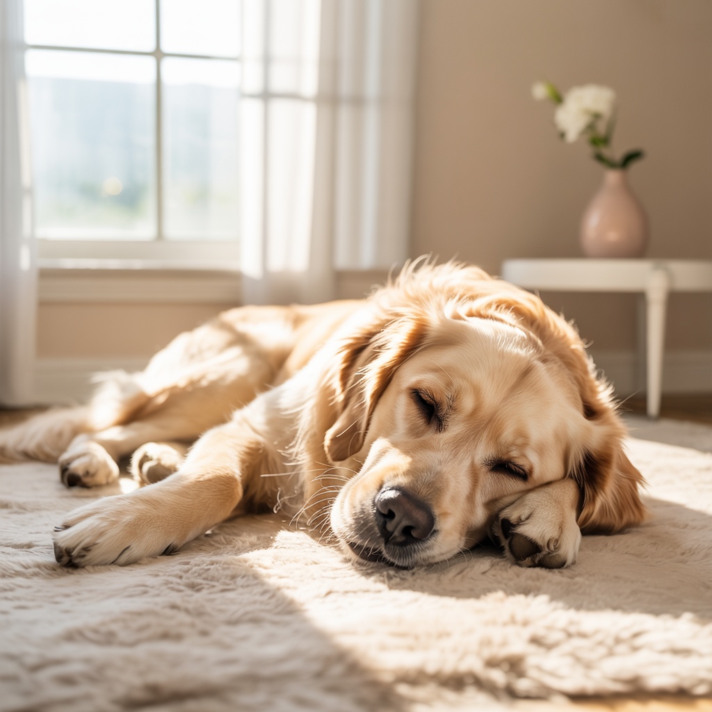 A happy dog peacefully napping in sunlight, demonstrating the importance of rest and self-care