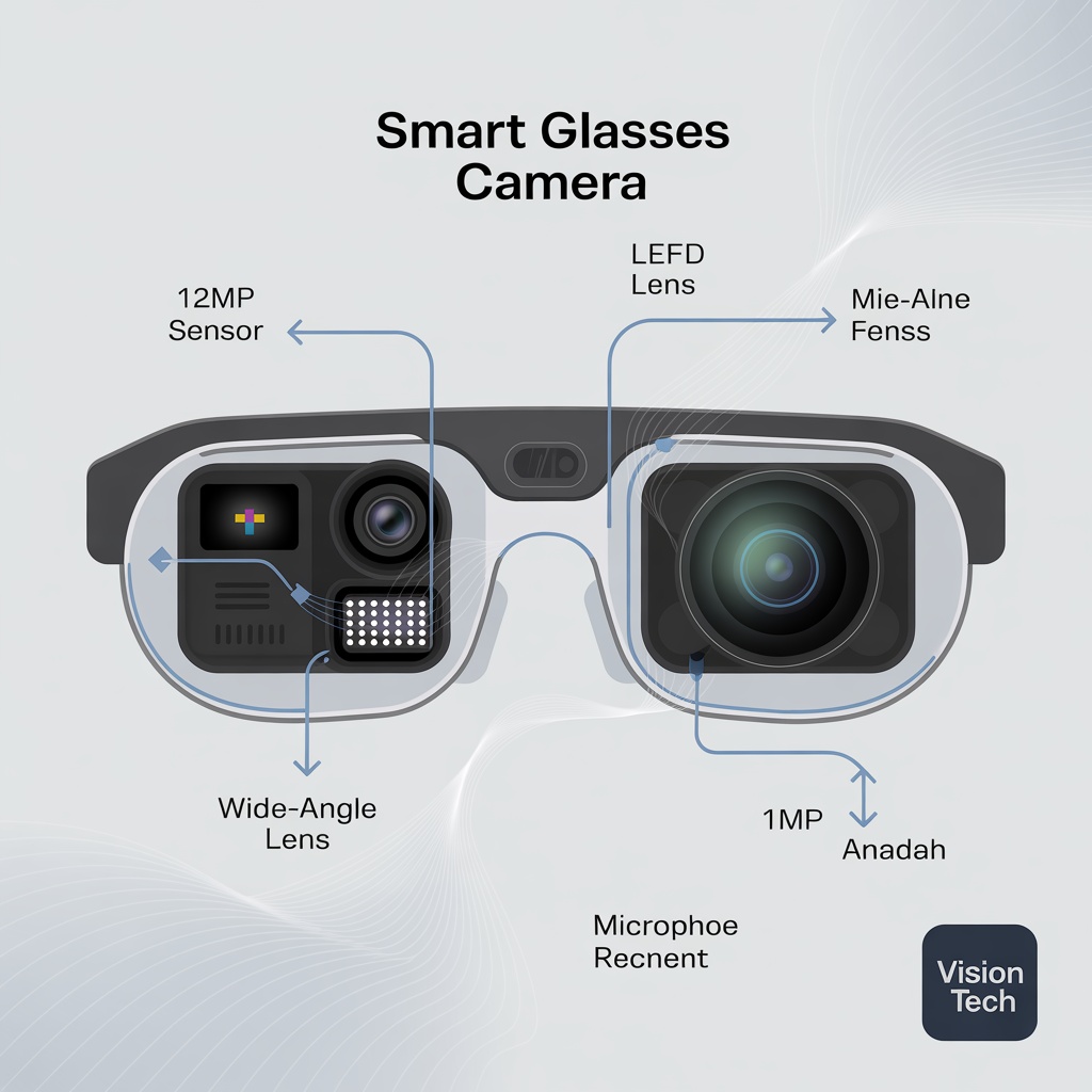 Technical diagram showing smart glasses camera components including 12MP sensor and LED indicator
