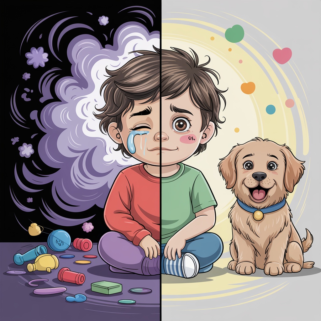 Illustration showing emotional dysregulation vs regulation with therapy dog