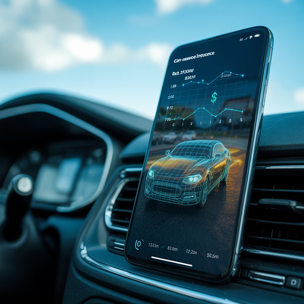 AI-powered apps predict car insurance rates accurately showing smartphone with insurance rate prediction interface and neural network patterns