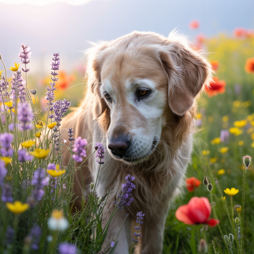 Curious dog sniffing flowers during a walk demonstrating mindful exploration