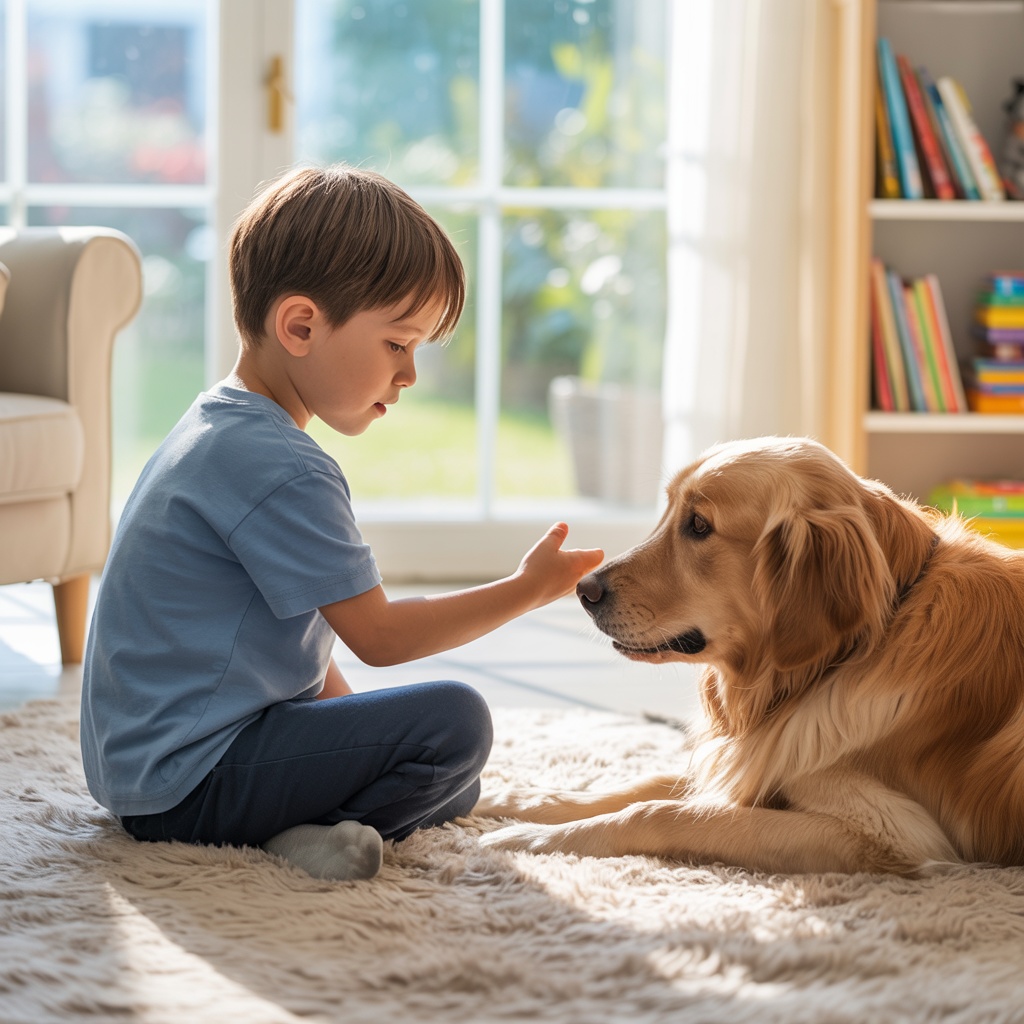 Child in therapy session with golden retriever, showing trust-building and healing