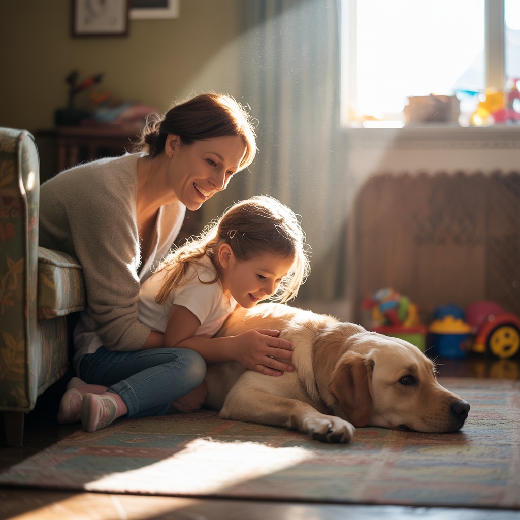 Co-regulation scene with parent, child and therapy dog