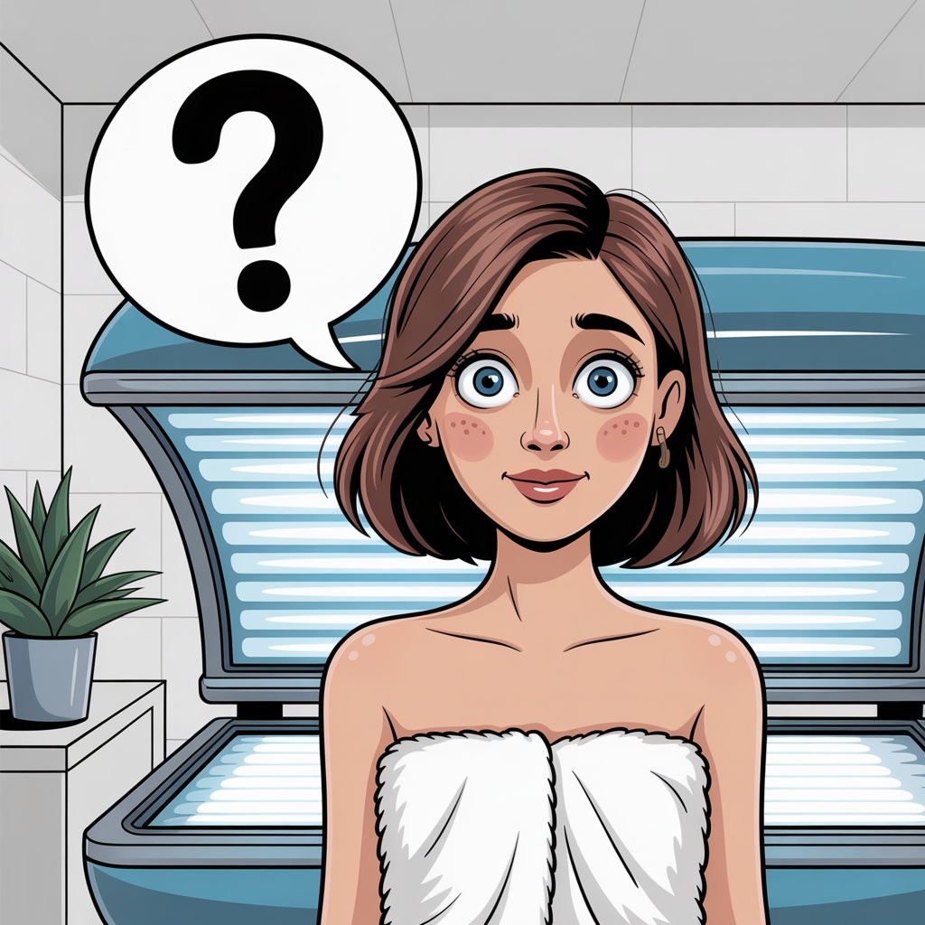 Cartoon illustration of woman approaching tanning bed with question mark showing beginner uncertainty