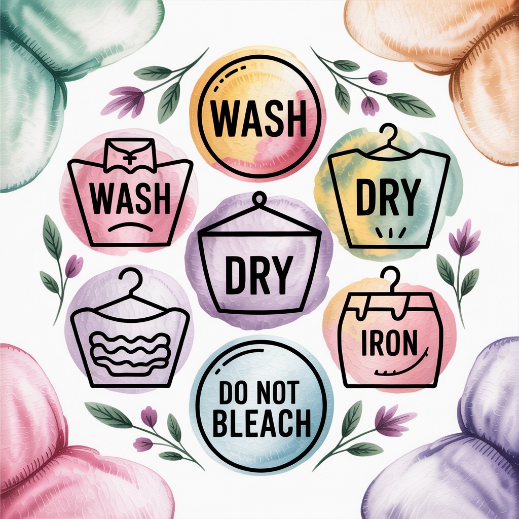 Watercolor illustration of fabric care symbols and washing instructions