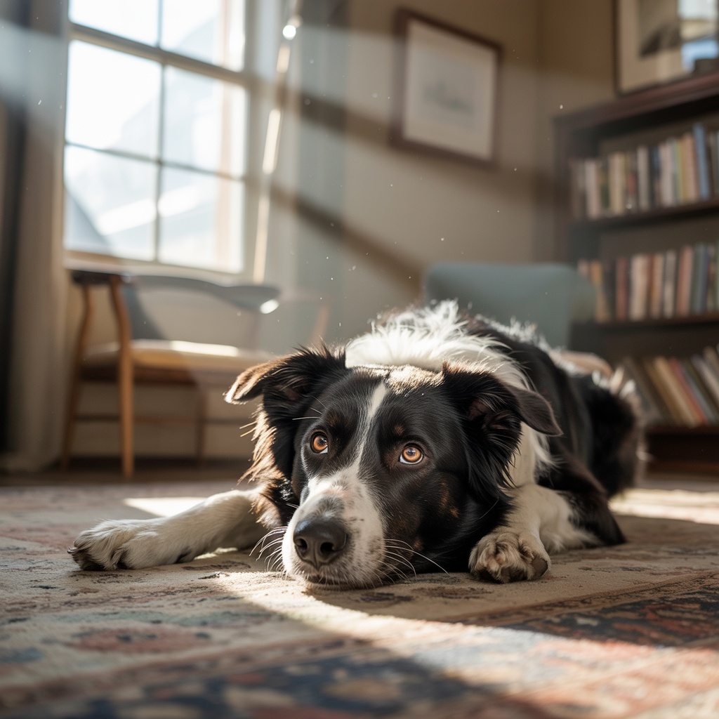 A tired border collie representing overwork and burnout, looking weary but gentle