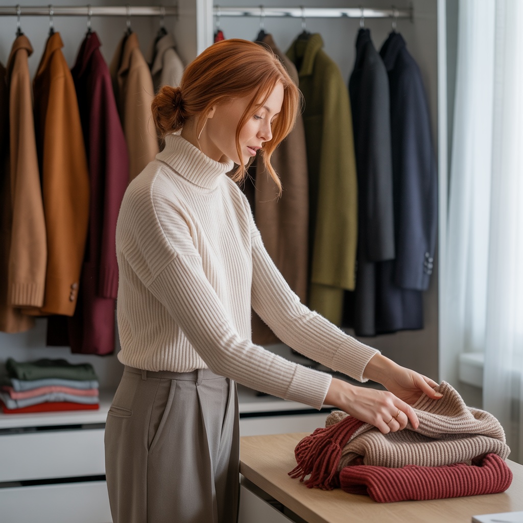 10月の衣替えをする女性とクローゼット