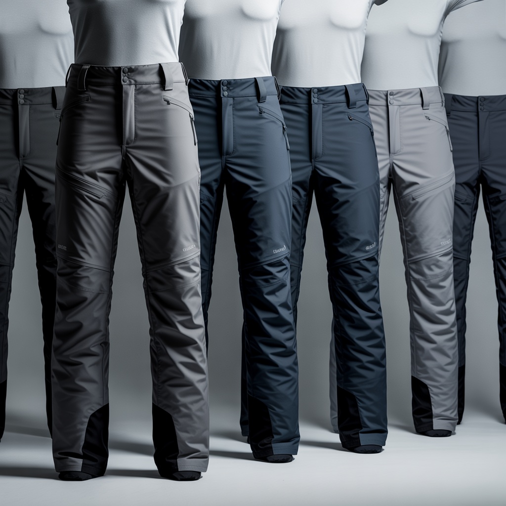 High-performance ski pants and bibs with 4-way stretch fabric and reinforced construction