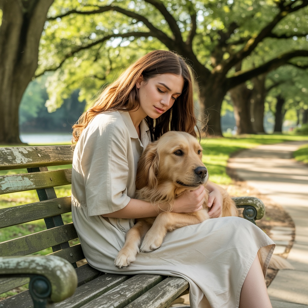 Peaceful scene of person in sunny park with calm dog