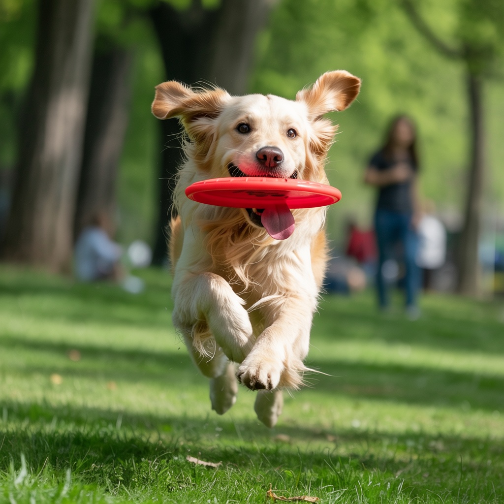 Joyful dog mid-leap catching a ball showing pure happiness and living in the moment
